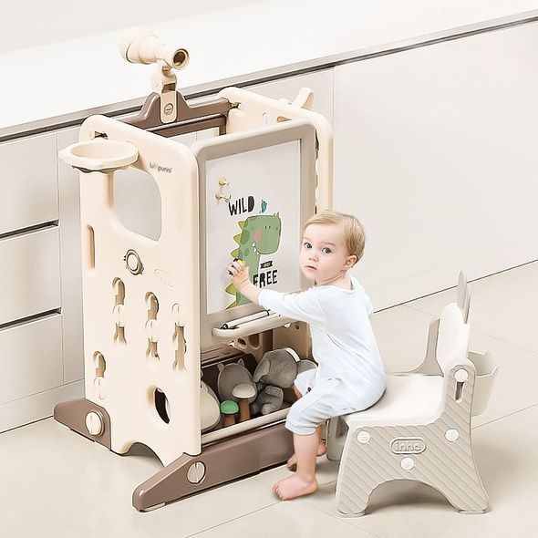Детская башня помощник 6-в-1 Lumpurini Torre Montessori Pietro. Табурет-лестница, подставка для детей от 1 года на 2 ступени. С кольцекидом и кольцами, баскетбольным кольцом и мячом, телескопом. Переоценка