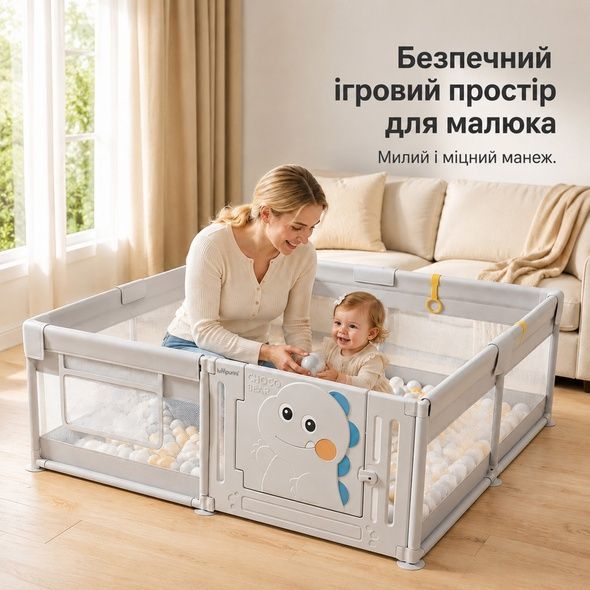 Дитячий манеж Lumpurini Tibaldo M сірий з пластиковими дверцятами, кишенею для іграшок і протиковзкими присосками. Переоцінка