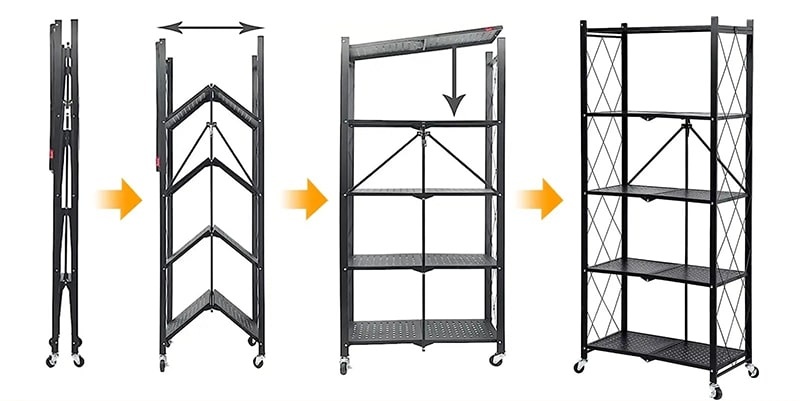 Полка-стеллаж на кухню на колесах. Металлический раскладной стеллаж, 5-ярусов. Открытая полка-органайзер на кухню